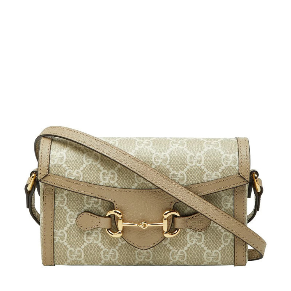 Gucci GG Supreme Horsebit Shoulder Bag Beige Cream White Leather